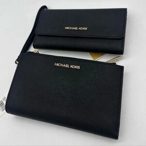 Michael Kors Large Double Zip Wallet Wristlet & Trifold Wallet Black
